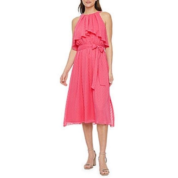 Maia Halter Swiss Dot Sleeveless Midi Dress A-line Elastic Waist, Coral- sz 8 - Picture 1 of 7